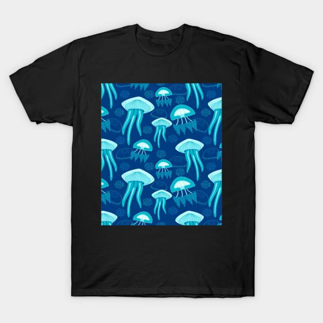 Blue Jelly Fish In The Deep Ocean T-Shirt by kooicat